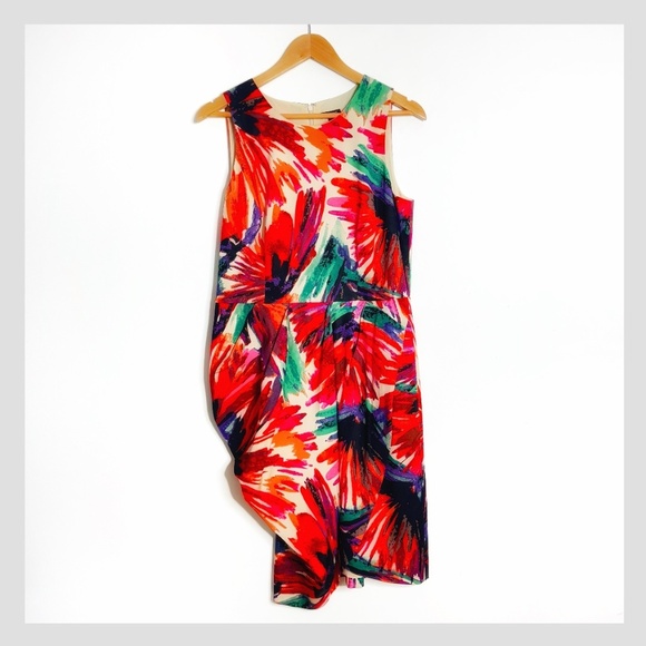 Ann Taylor Sheath Peplum Dress Abstract Vibrant Print Sleeveless Pin Tuck Detail - Picture 3 of 16